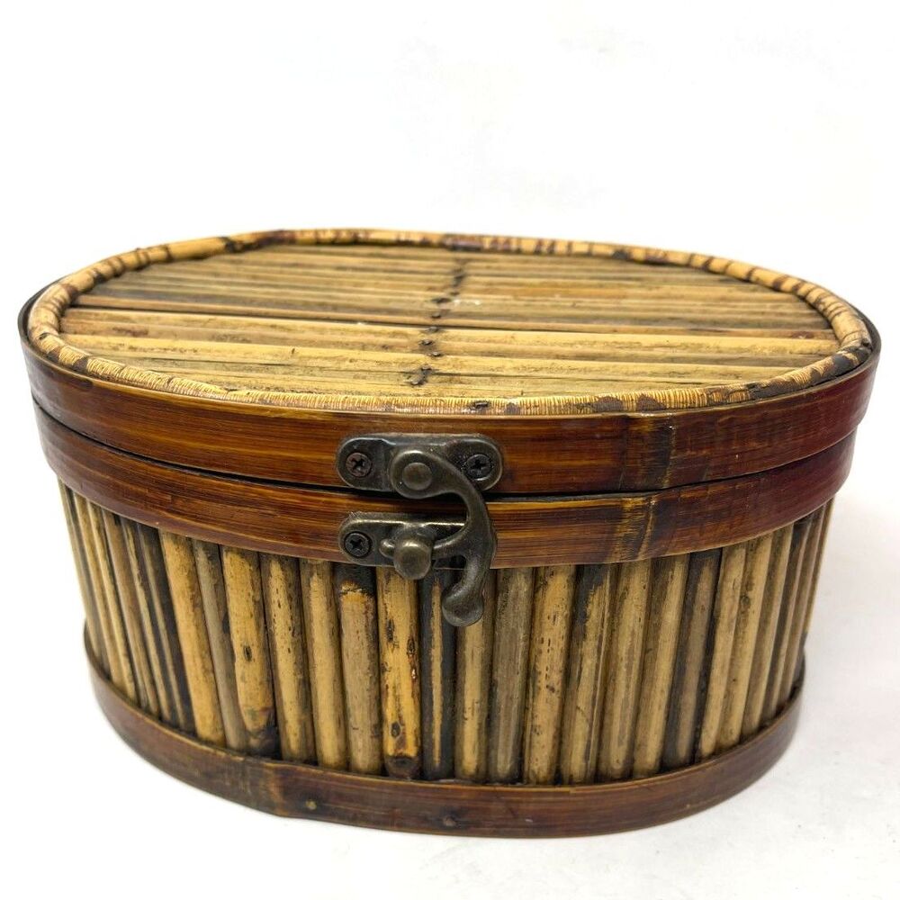 Vintage Bombay Bamboo Box Hinged Latch Stash Casket Rattan Wood Trinket Treasure